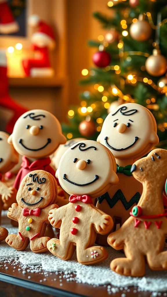 Decorated Charlie Brown Christmas cookies in festive shapes on a holiday-themed table.